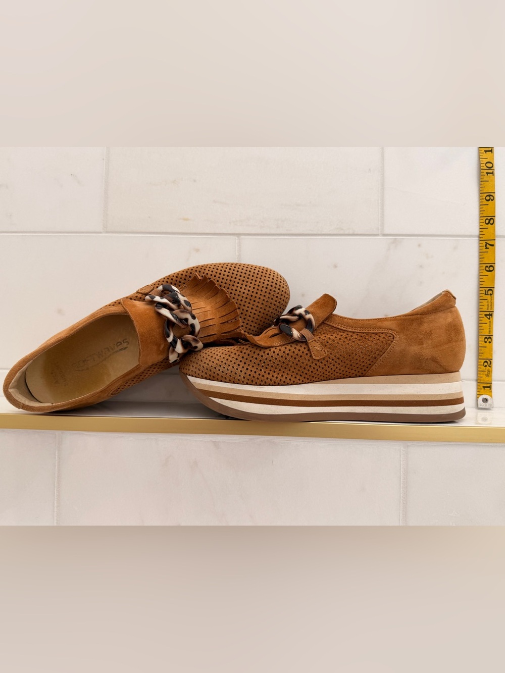 Women's Tan Suede Platform Slip-On Loafers with Chain Accent